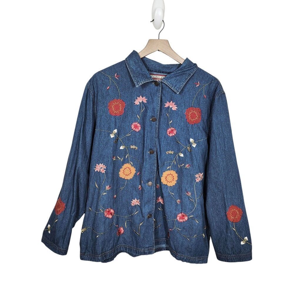 Vintage Embroidered Denim Shirt Jacket Womens 2X Floral Button Front Boho Folk - Picture 1 of 12